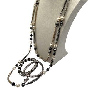 Womens Long Multi-Strand Pearl Necklace Bracelet Set Silver Gold Chains N83